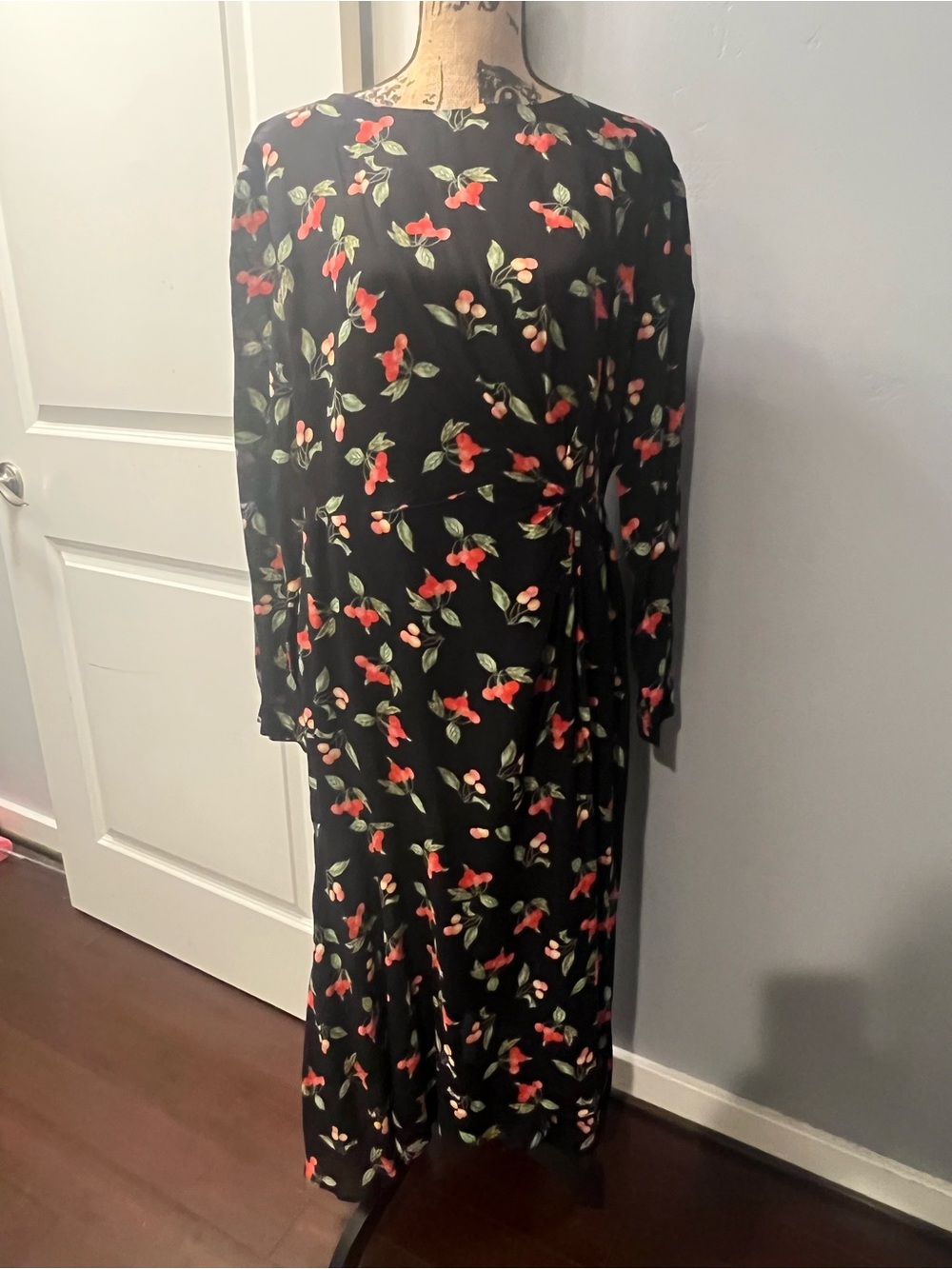 H&M Black Floral Midi Dress with Red & Green Print